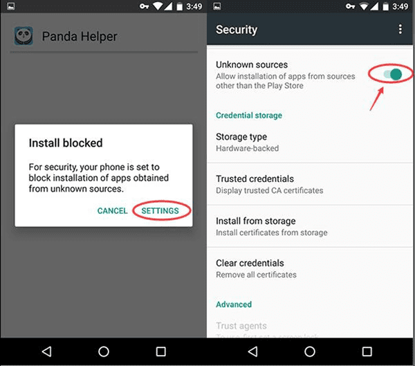 phone setting for Panda Helper on Android